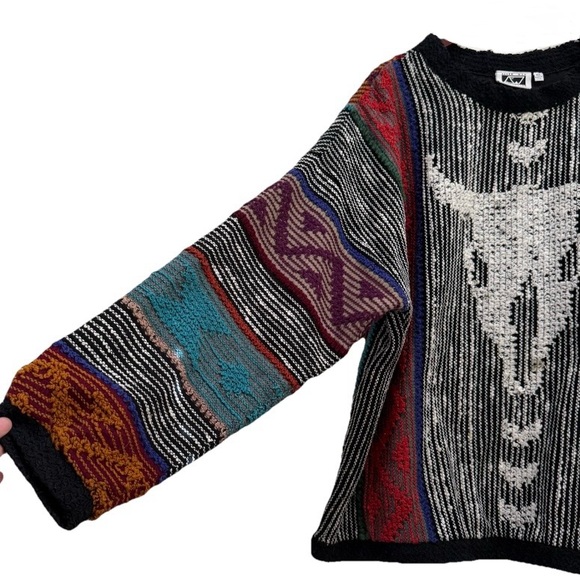 Vintage ALLEN WAH Western Aztec Skull Colorful Chunky Knit Grandpa Sweater XL - Picture 3 of 12